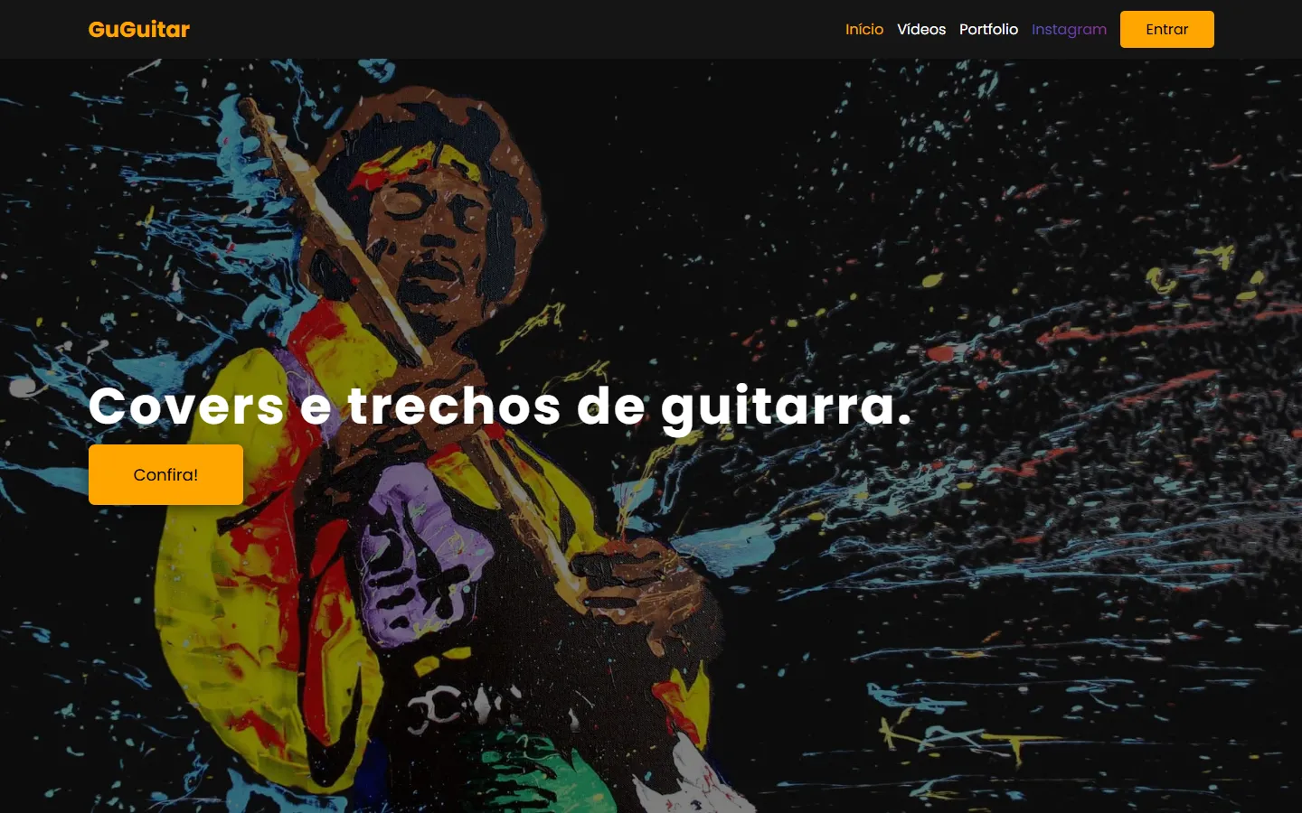 Página inicial do GuGuitar, com uma pintura colorida de um guitarrista e o título “Covers e trechos de guitarra.”