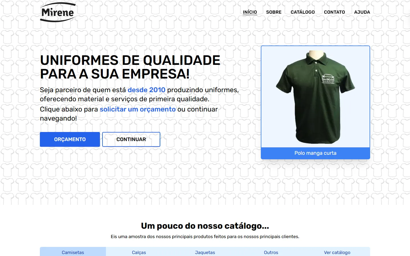 Página inicial do site da Mirene Confecções, com uma camisa polo e o título “Uniformes de qualidade para a sua empresa!”